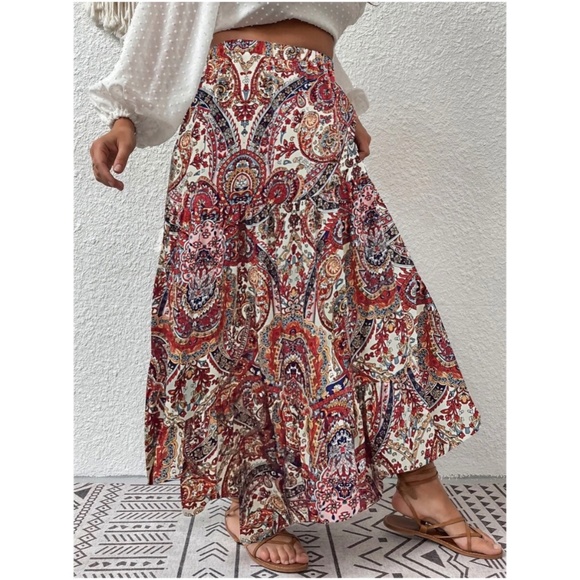 Boho Red Paisley Print Ruffle Maxi Skirt - Picture 1 of 5